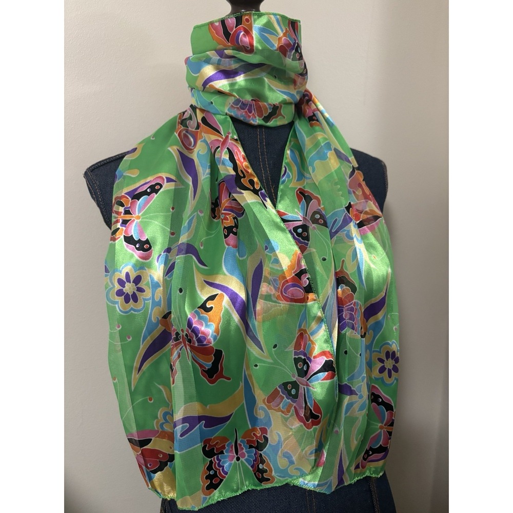 Vibrant Butterfly Scarf Polyester Sheer Green Long Rectangle Neck